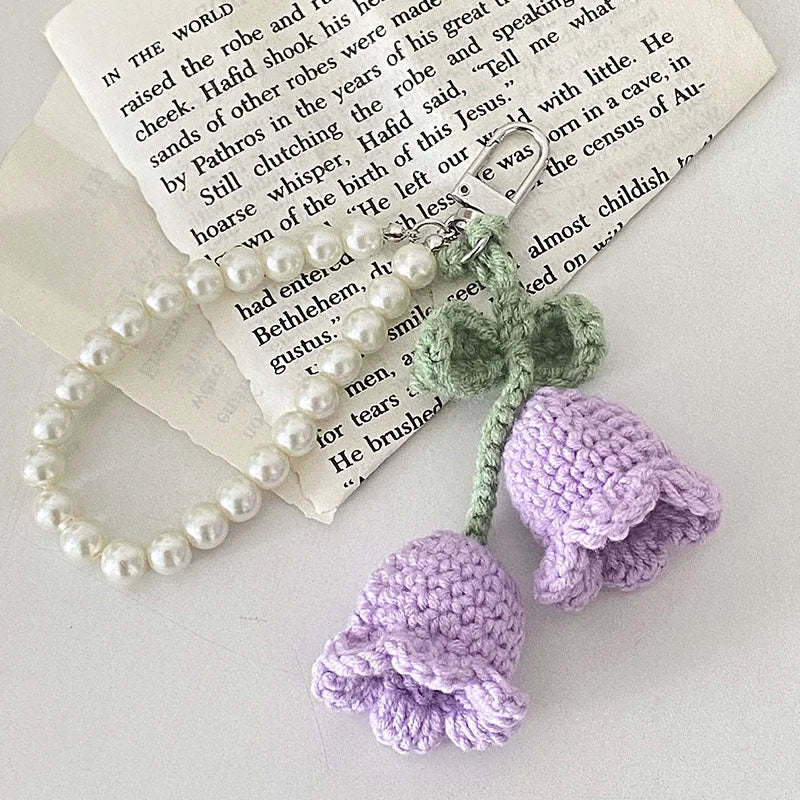 Hemasa 1pc Sweet Wool Crochet Lily Of The Valley Keychain Girls Pearl Chain Bag Pendant