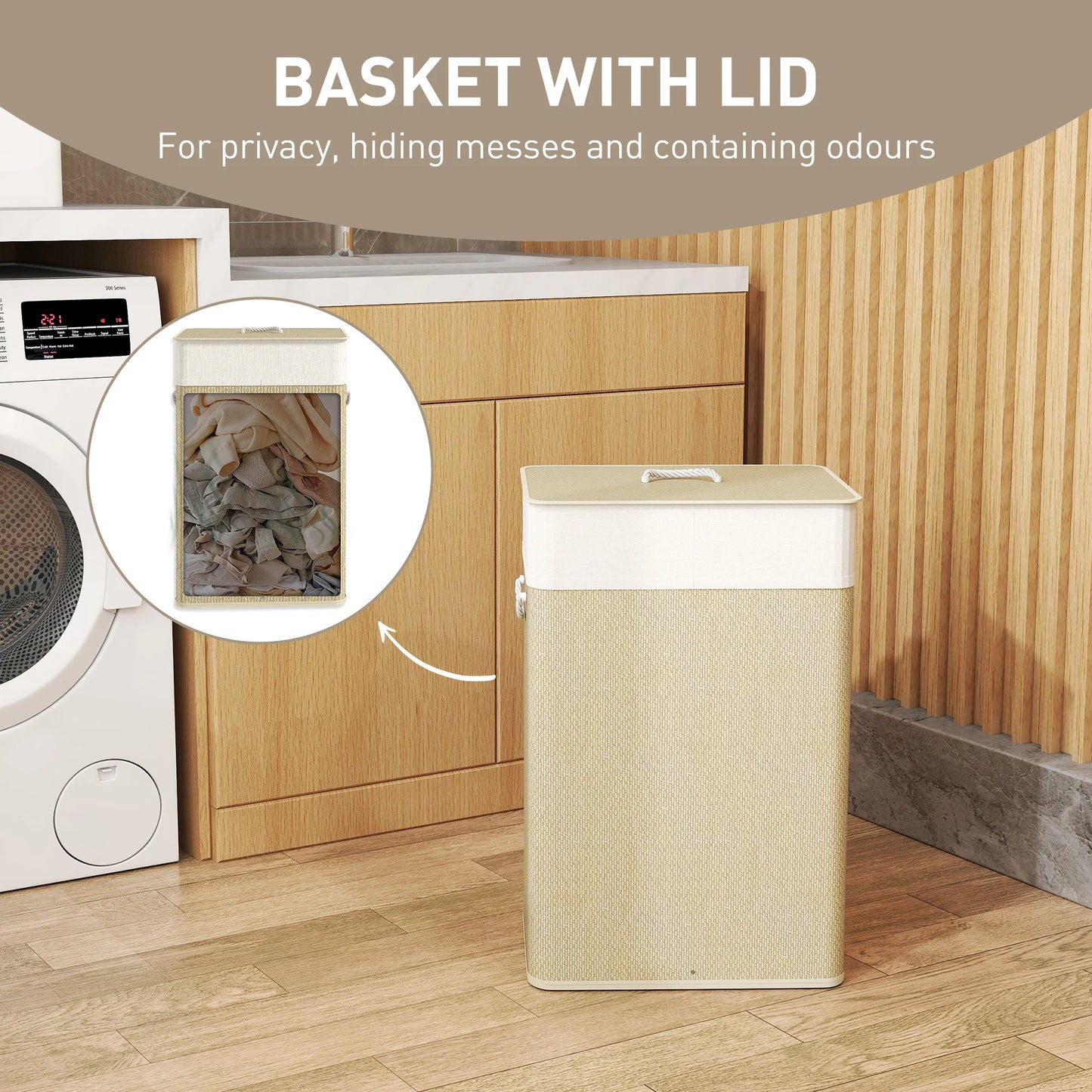 HOMCOM Laundry Hamper with Removable Washable Liner Bag, Nature Wood Finish
