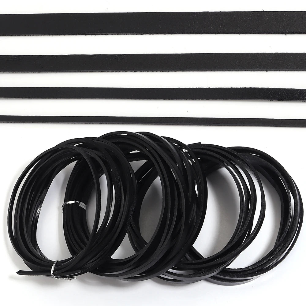 Tejesa 2/5 Yards Retro Black Genuine Leather Cord 3-10mm Flat Strand Cow Leather Rope Fit Necklace Bracelets DIY Jewelry