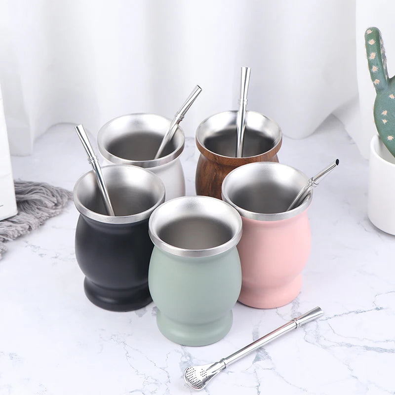 New 1pc Yerba Mate Cup 304 Stainless Steel 8oz Argentine Yerba Mate Gourd With Bombillas