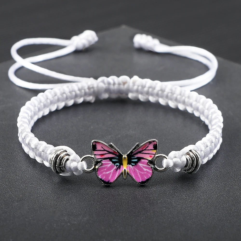 Women Pink Butterfly Pendant Bracelets Female Black White String Rope Braided Bracelet Bracelet Handmade Adjustable Jewelry Gift