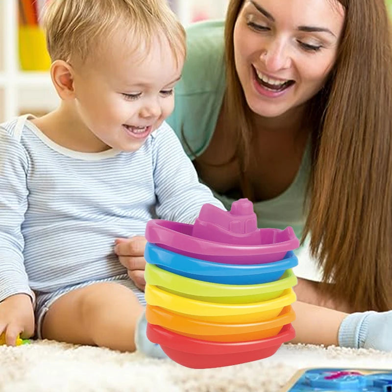 Hemas aStacking Cup Bath Toys for Kids Colorful Folding Boat Shape Tower Early Educational Baby Toys Swimming Pool Beach Toys Gifts