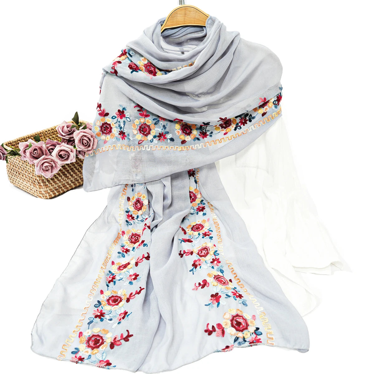A women's fashionable embroidered embroidered soft edged thin scarf shawl