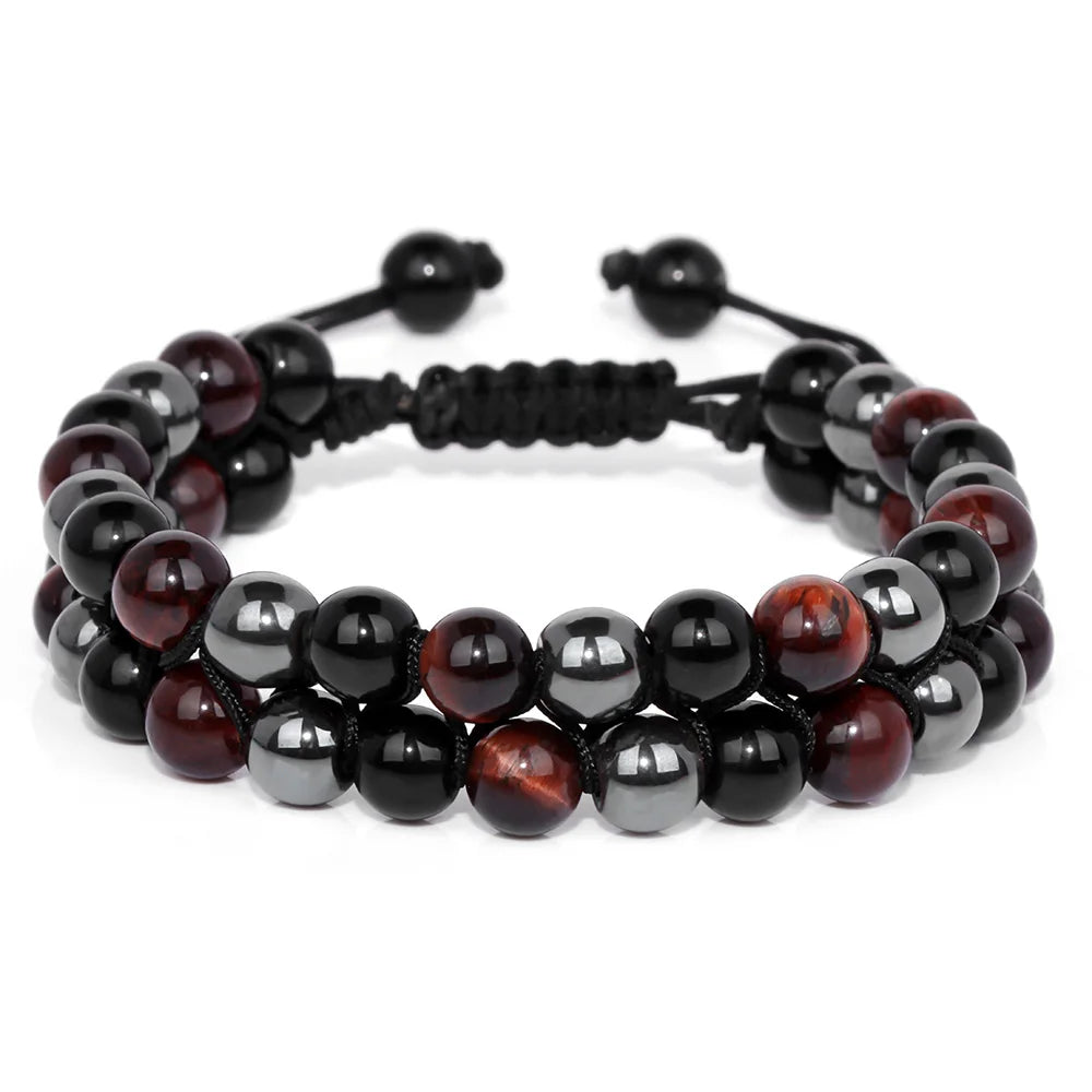 Tejesa Triple Protection Bracelet 6mm Beads Black Obsidian Hematite Tiger Eye Rope Bracelet for Men Women Weight Loss Slimming Bangle