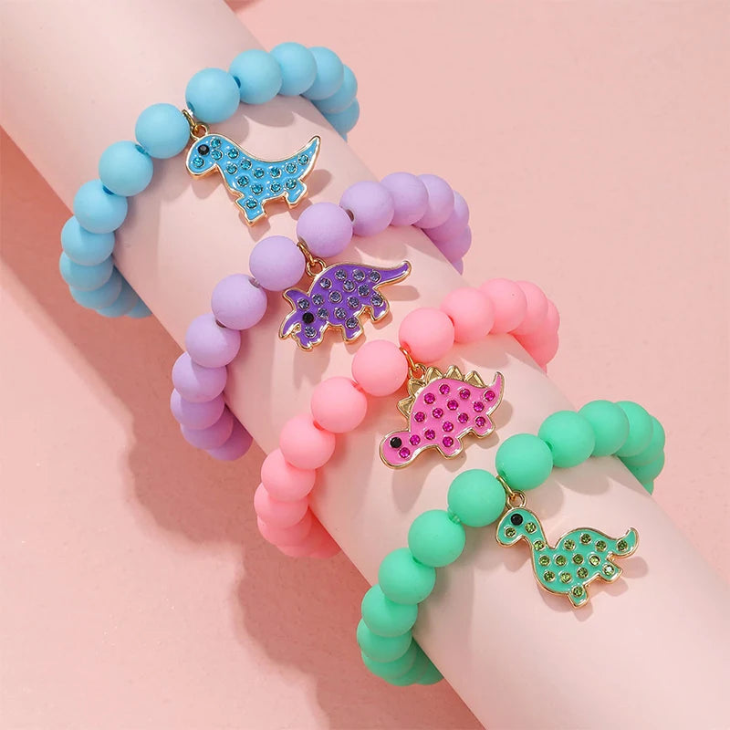 4Pack Cute Cartoon Dinosaur Charm Handmade Elastic Bracelets for Girls Jewelry Gift