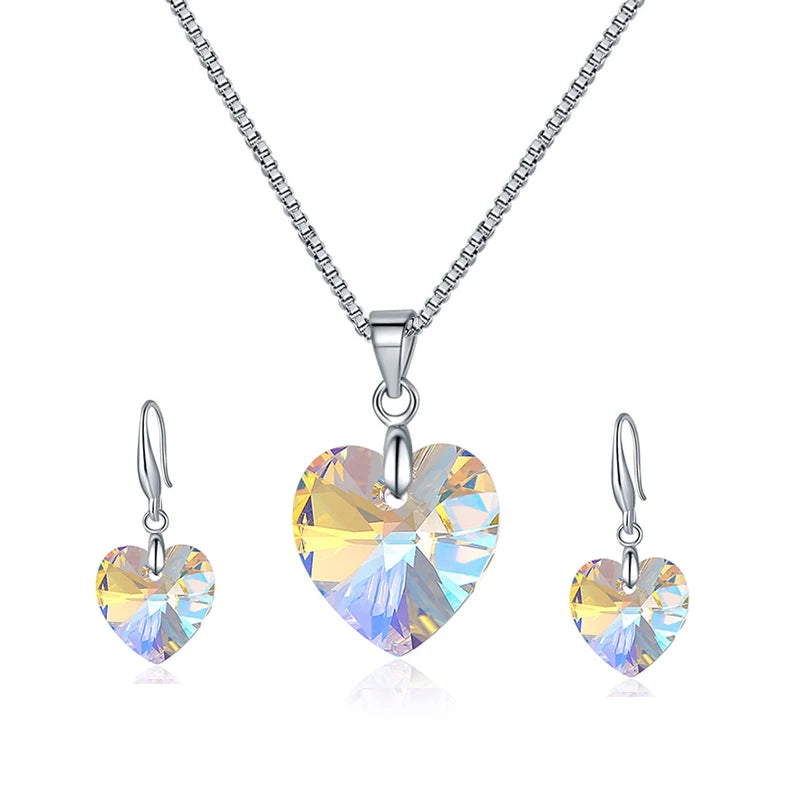 Romantic Heart Jewelry Sets Silver Color Crystals from Austria Pendant Necklace Drop Earrings for Women Wedding Anniversary