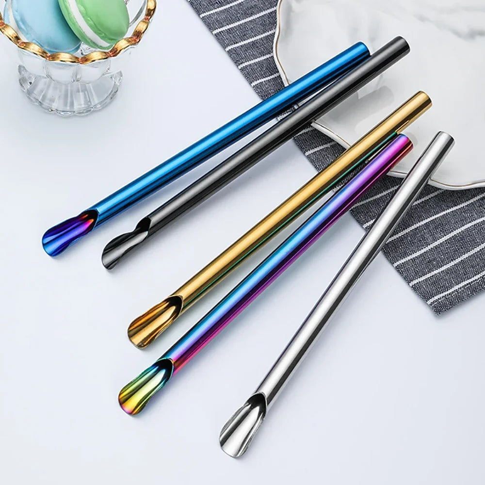 Hemasa 2Pcs  Stainless Steel Reusable Spoon Drinking Straw  Stirring Spoon with Brush Set