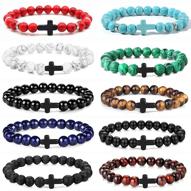 Hemasa Natural Stone Bead Cross Bracelet Onyx Meditation Bracelet