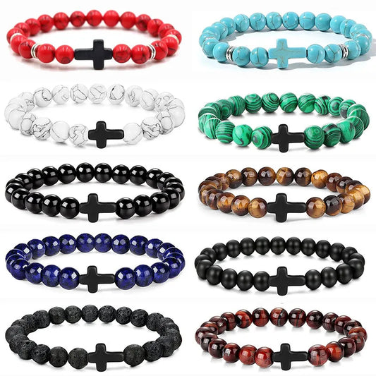 Hemasa Natural Stone Bead Cross Bracelet Onyx Meditation Bracelet