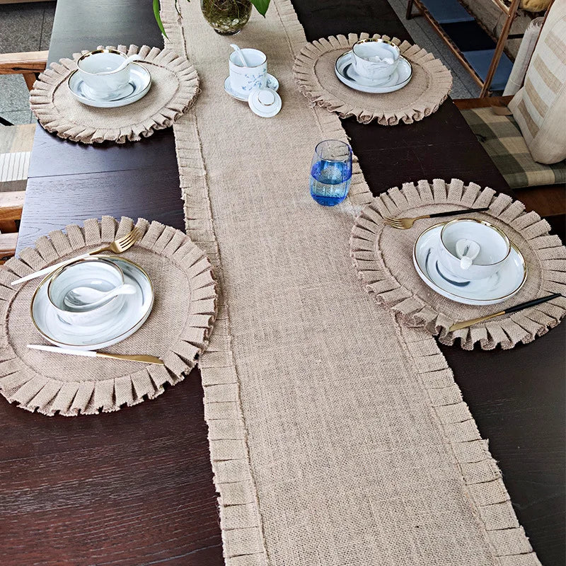 Hemasa 2Pcs  Round Jute Folds Lace Placemats / Natural Color Heat Insulation Pads