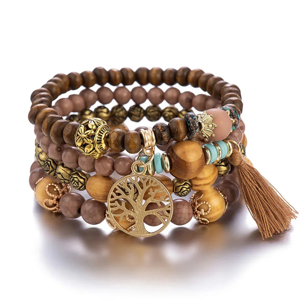 Bohemian Black Tassels Bracelet Set For Women Tree Of Life Charm Wooden Beads Elastic Chain Bangle Girls Fashion Jewelry