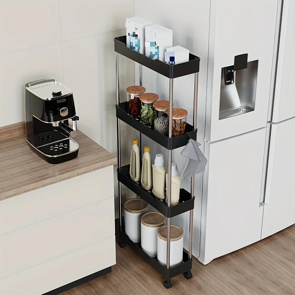 Hemasa Bathroom Storage Rack With Wheels 3/4 Layer Rolling Utility Cart Bathroom Storage Organizer Multi-purpose Corner Shelf