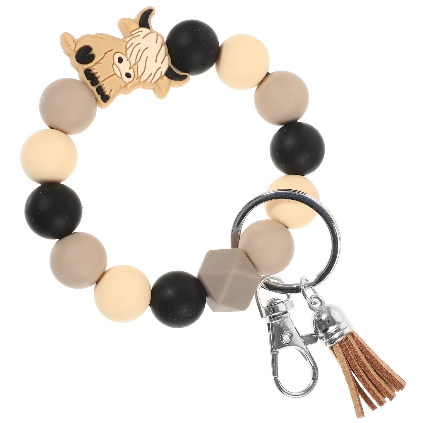 Highland Cow Keychain Silicone Bracelet Beaded Keyring Wristlet Wristbands Multi-function