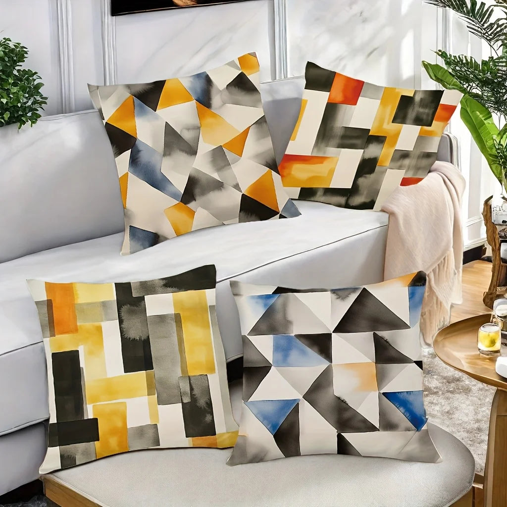 Hemasa 4pcs Retro geometric design Single-sided printing Short plush Suitable for living rooms bedrooms sofas (excluding pillow cores)