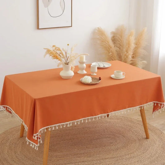 Easter Pure Color Cotton Tassels Tablecloth Washed Cotton Red Green Christmas Table Cover for Home Party Dining table Decora