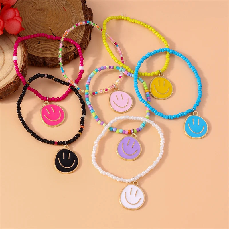 Hemasa 7Pcs/Set Bohemian Handmade Colorful Beads Bracelet for Women Cute Smile Face Charms Bracelets Girls Party Holiday Jewelry Gifts