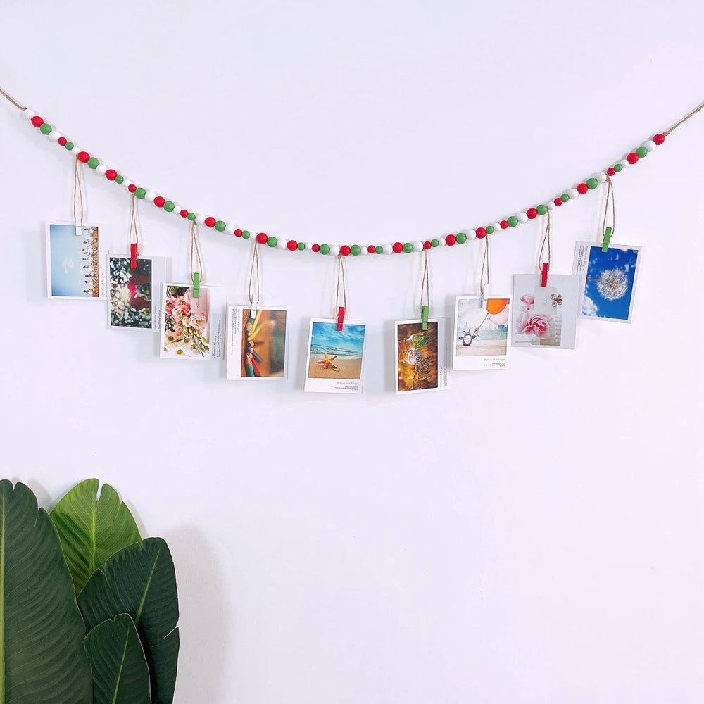 Wooden Beads Garland Wall Hanging Photo Display Boho Christmas Picture Card Frame for Home Decor Living Room Bedroom Rustic Deco