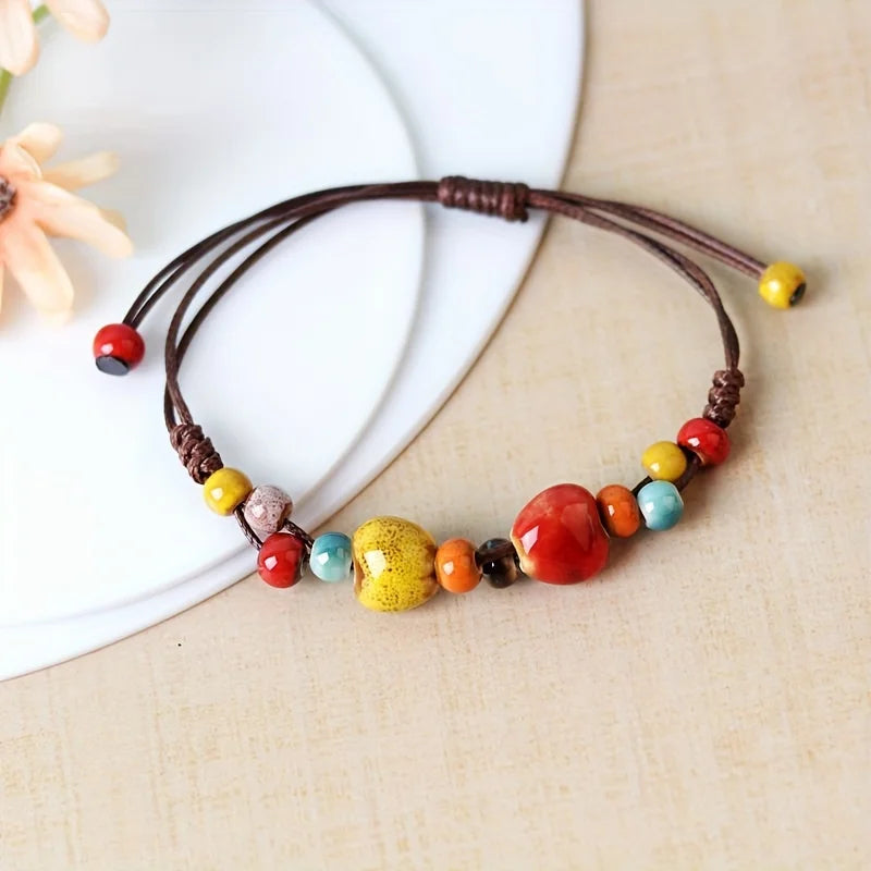 Hemasa Colorful Love Heart Charm Bracelet  /Ethnic Style Colorful Ceramic Bead Bracelet