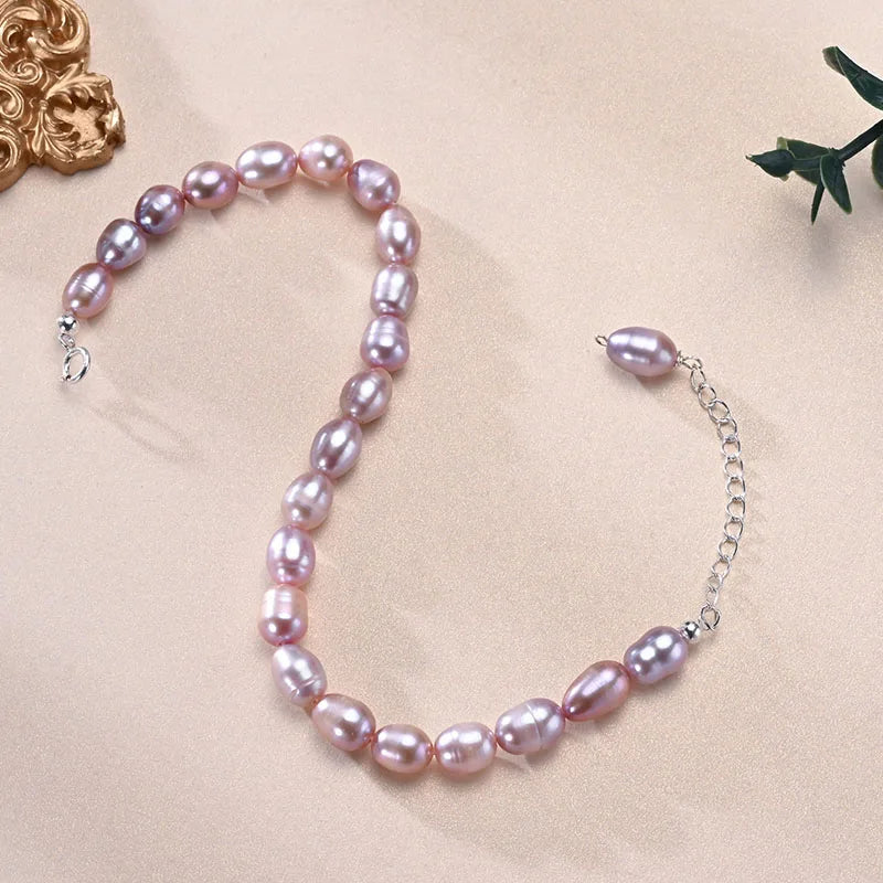 Hemasa 6-7mm Rice Shape Freshwater Pink Purple Mixed Color Bracelet /925 Sterling Silver  Jewelry Gift for Women Girls