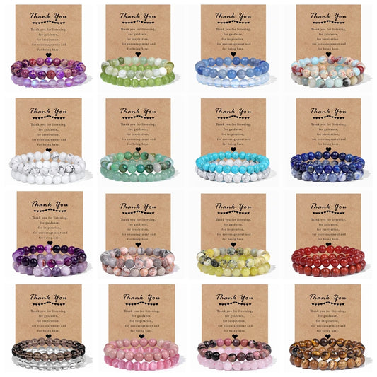 2Pcs/Set Natural 8mm Round Bead Bracelets Cat Eye Amethysts Bracelet Couple Stretch Bracelets With Cards Thank you Jewelry Gitfs