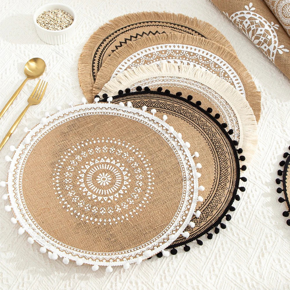 Hemasa Set of 4  Boho Style Woven Jute Cotton Round Placemat Exquisite Embroidery Tassels Table Mat Pad/ Tableware Coaster/ Party Decoration