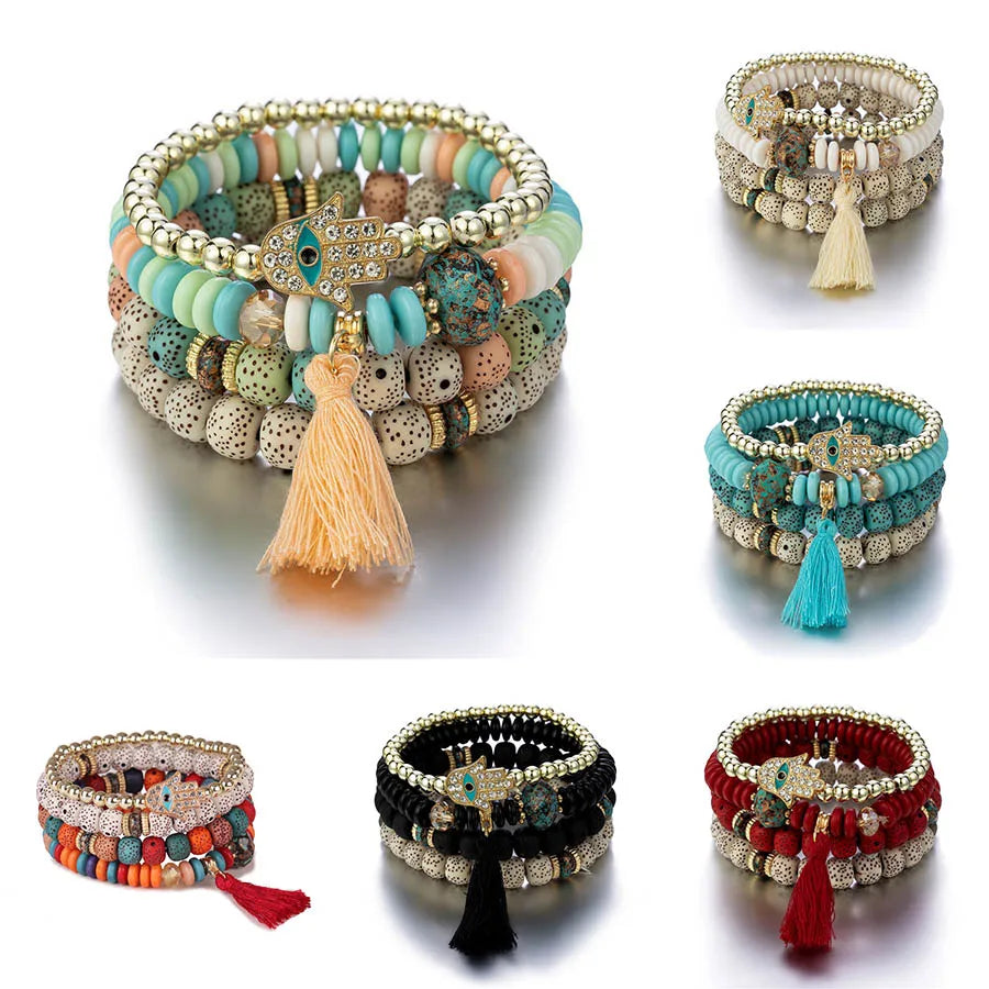 Hemasa  Evil Eye Tassel Bracelet Set For Women  / Stone Beads Chain Bangle Female Bohemian Jewelry Gift
