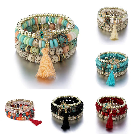 Hemasa  Evil Eye Tassel Bracelet Set For Women  / Stone Beads Chain Bangle Female Bohemian Jewelry Gift