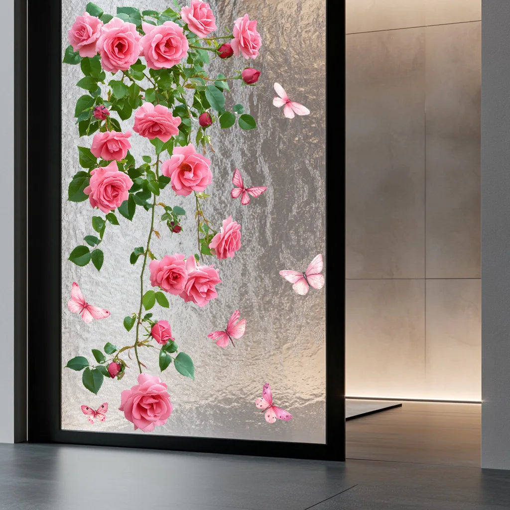 Tejesa Flower Vine Window Decal Pink Rose and Butterfly Design Bathroom Living Room Bedroom Wall Sticker Glass Door Wall Decorat