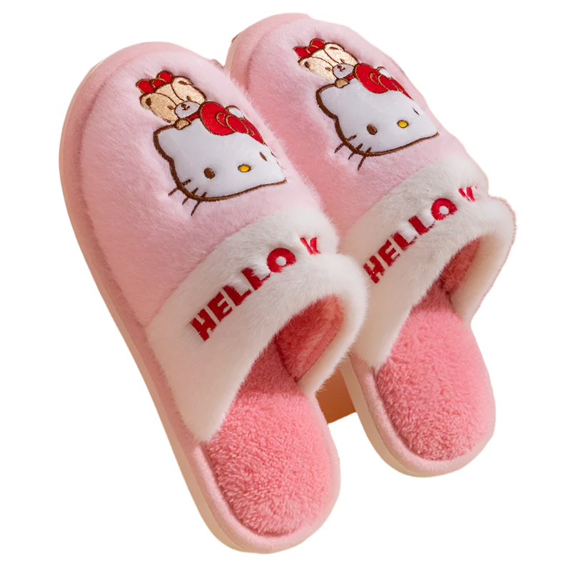 Hemasa Hello Kitty Plush Slippers   Warm Winter Indoor Slippers Flat Casual Non-slip Girl Christmas Gift
