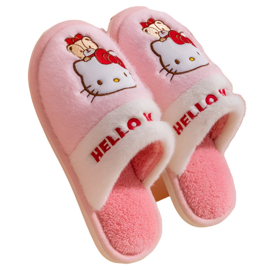 Hemasa Hello Kitty Plush Slippers   Warm Winter Indoor Slippers Flat Casual Non-slip Girl Christmas Gift