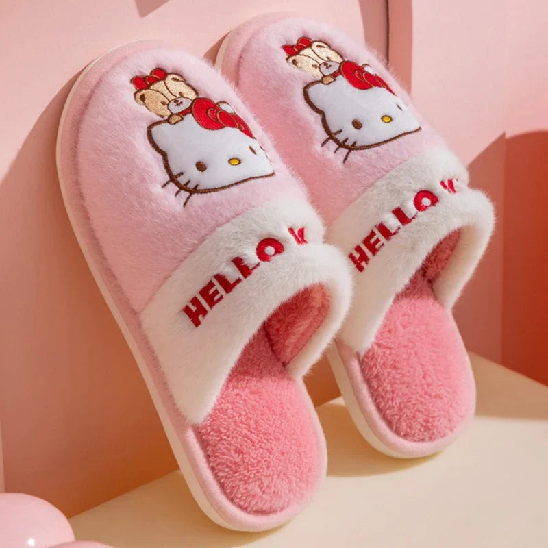 Hemasa Hello Kitty Plush Slippers   Warm Winter Indoor Slippers Flat Casual Non-slip Girl Christmas Gift
