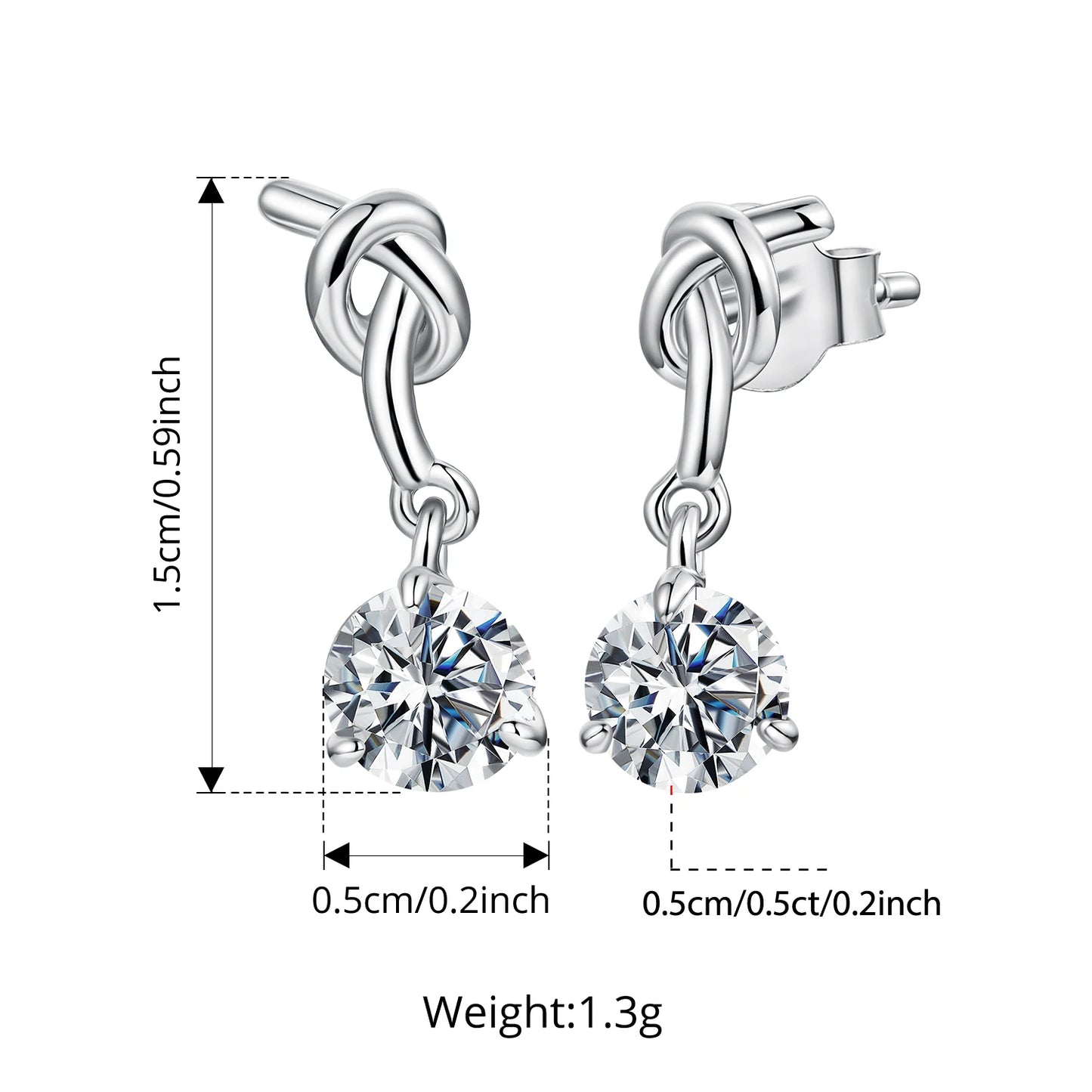 BAMOER Knot Moissanite Stud Earrings, 0.5CT Drop Dangle Earrings Round Cut Lab Created Diamond for Women Engagement Gift S925