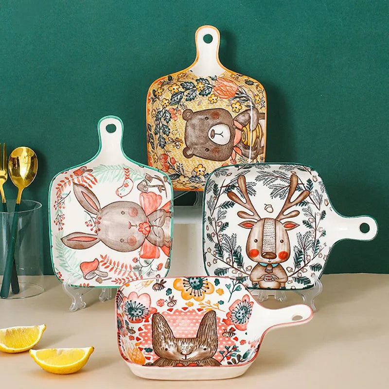 Hemasa Ceramic Bakeware With Handle Forest Animals Baking Pan  Underglaze  Kitchen Tableware Salad Bowl Au Gratin Dishes