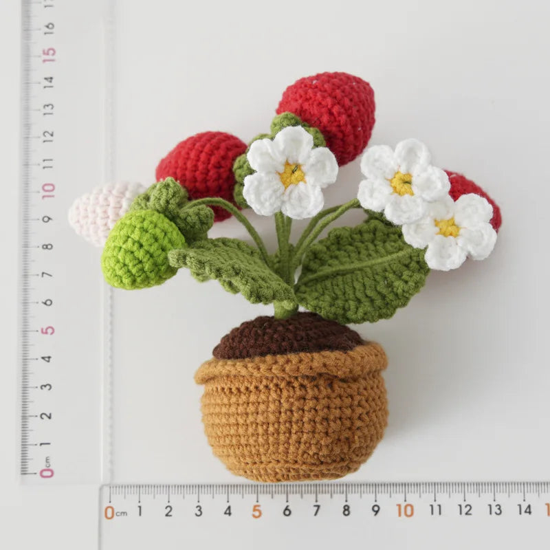 Hemasa Strawberry Crochet Potting Cute Kintted Flowers /Handwoven Flowers for Table Car Bookshelf Home Decor Gift Crochet Strawberry
