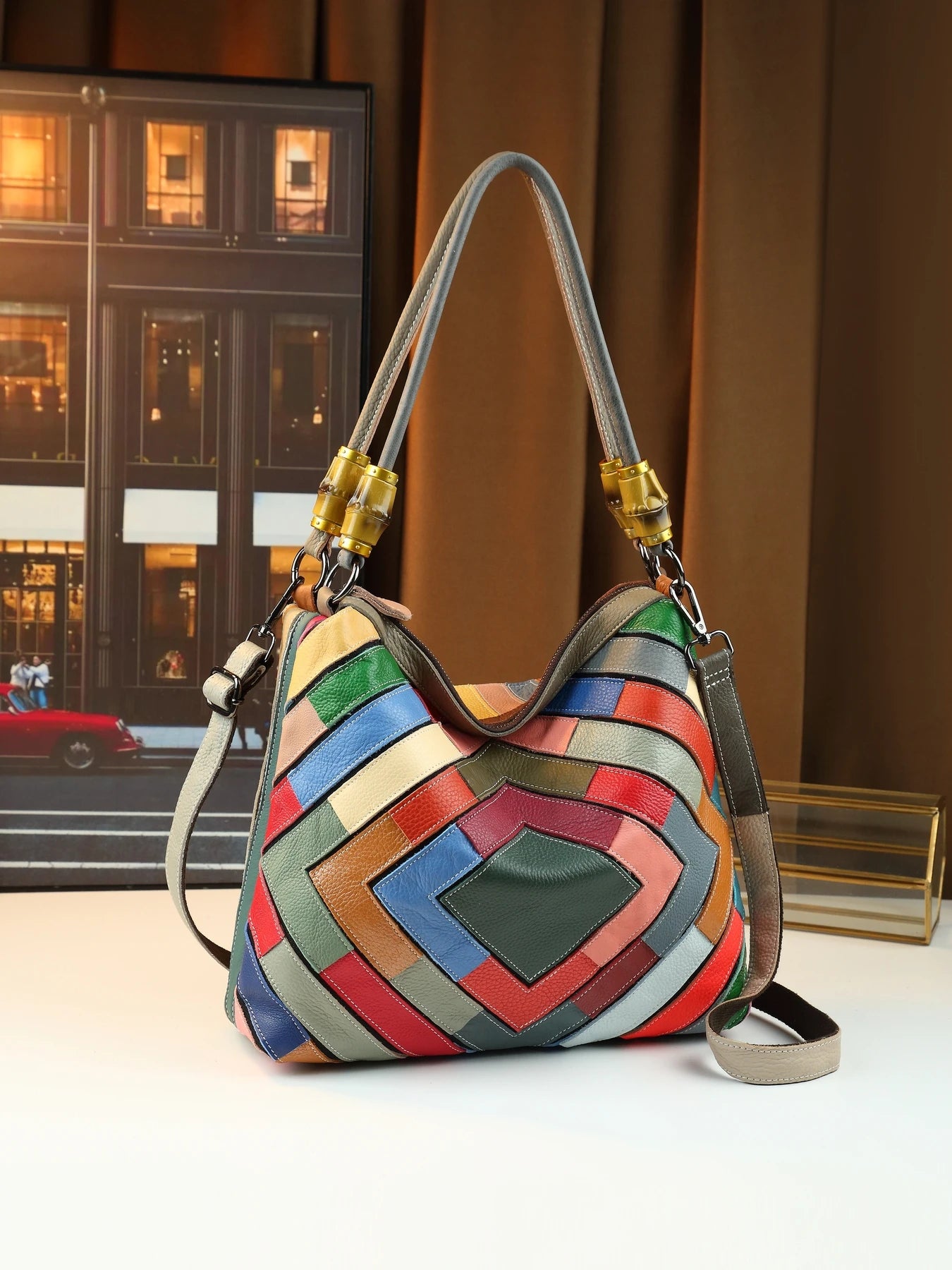 Tejesa rainbow color block printing new leather shoulder tote bag