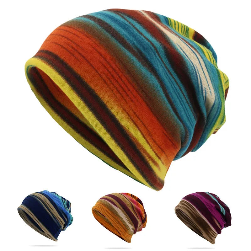 Rainbow Striped Spring Autumn Beanies Cap Soft Thin Knitted Warm Dual-use Skullies Mask Snood For Men Women Casual Pullover Hat