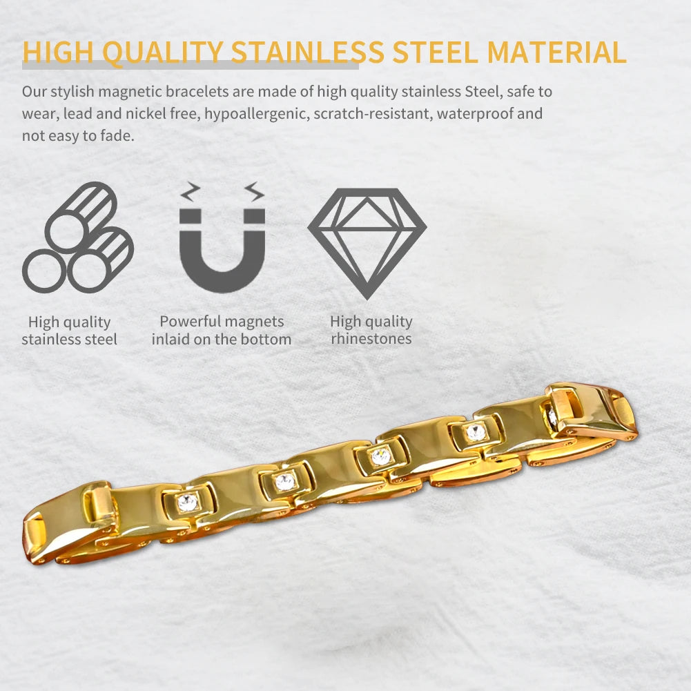 Hemasa  10mm Width Stainless Steel  Gold-Color Magnetic Health Charm Bracelet For Women