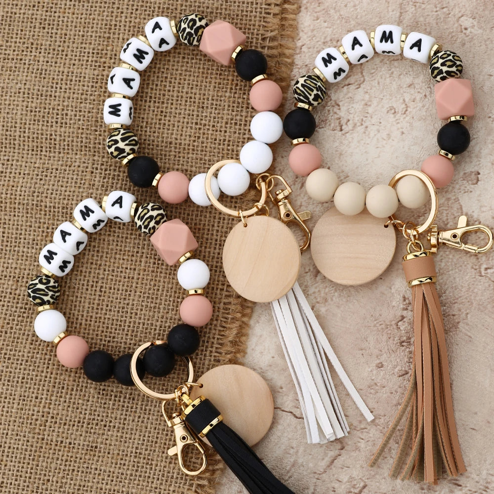 Mother's Day Gift Leopard Silicone Bead Key Chain Letter MAMA Beaded Wristlet Keychain With Wood Disc Leather Tassel Key Ring