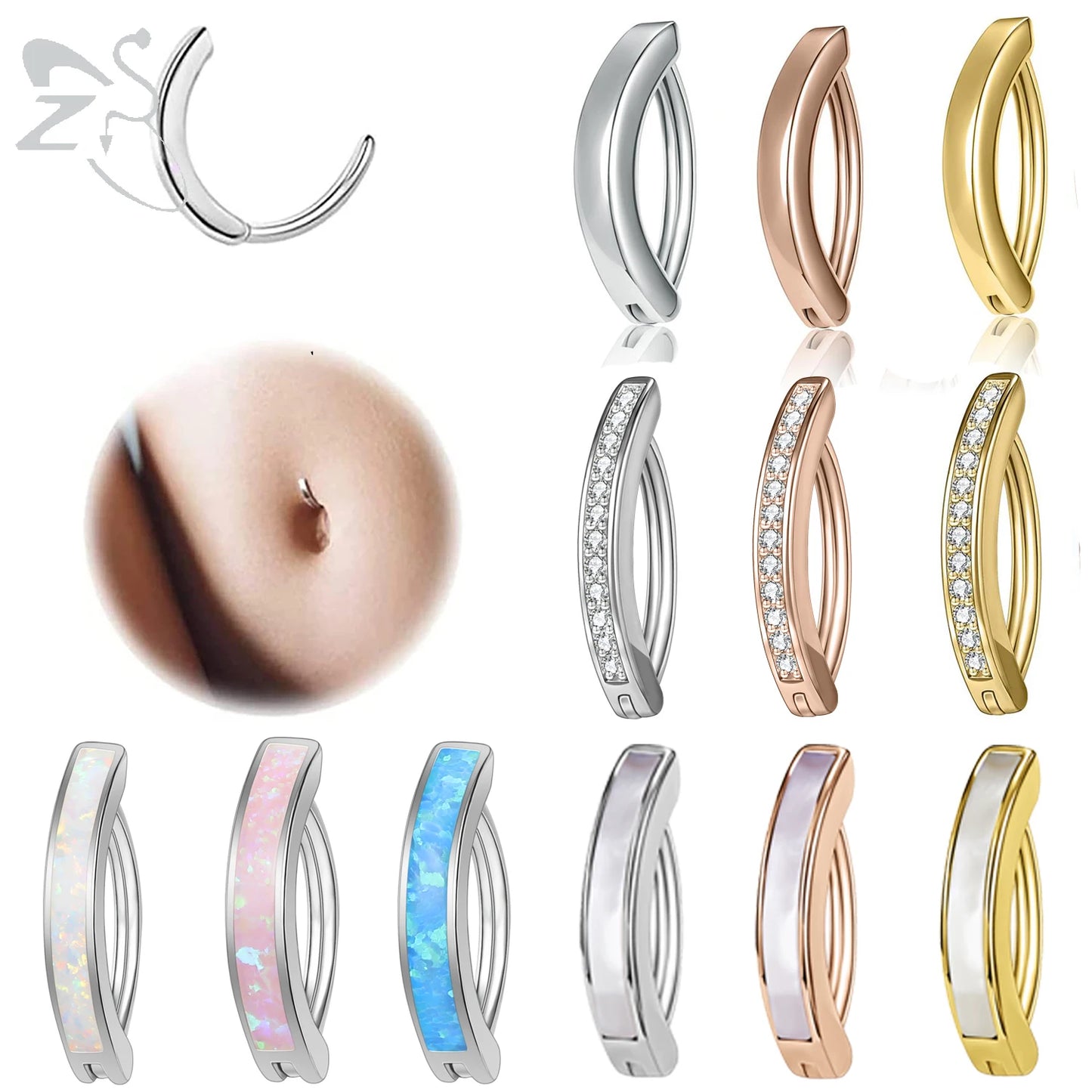 ZS 1PC 925 Sterling Silver Navel Ring Reverse Curved Belly Button Clicker Minimalist Belly Piercing Zircon Navel Piercing 14/16G