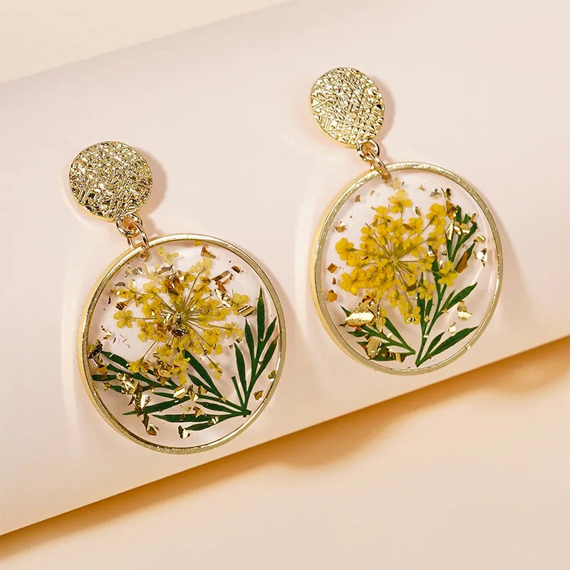 Creative Handmaking Pressed Flower Earrings Sweet Natural Flower Earrings Women Floral Statement Jewelry 2024 Boho Round Earring