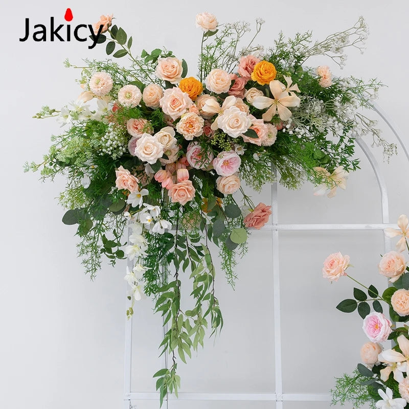 Luxury Champagne Rose Peony Green Leaf Table Runner Floral Event Road Lead Floor Flower Wedding Arch Deco Flower Row Arrangement