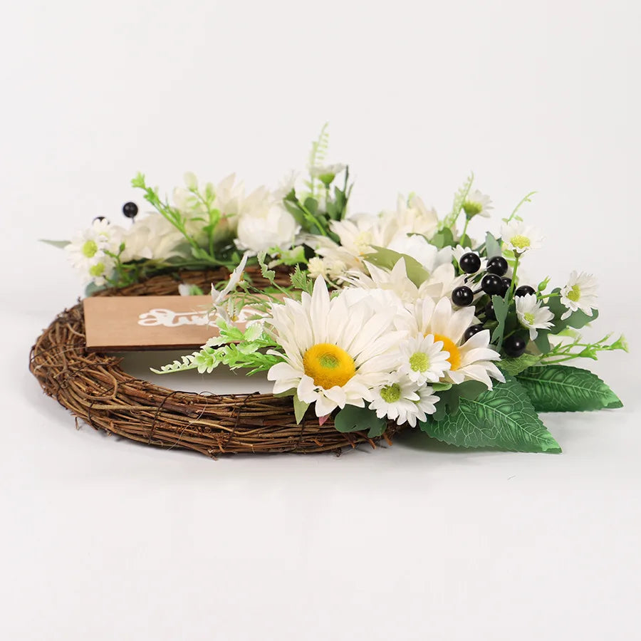 Tejesa Artificial Sunflower Spring  Wreath for Front Door  Green Eucalyptus Wreaths with Welcome Sign Wall Window Outdoor Decor