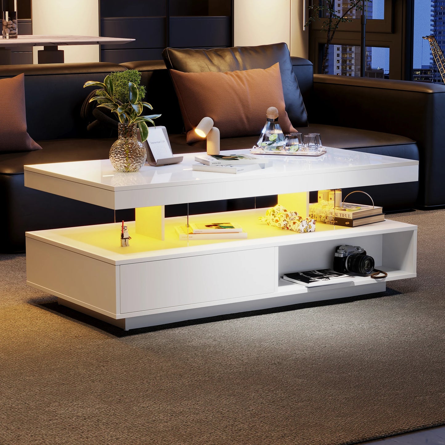 Led Coffee Table with 2 Drawer Storage, High Gloss Coffee Table Centre Table 16-Color Led Lights,End Table for Home Office