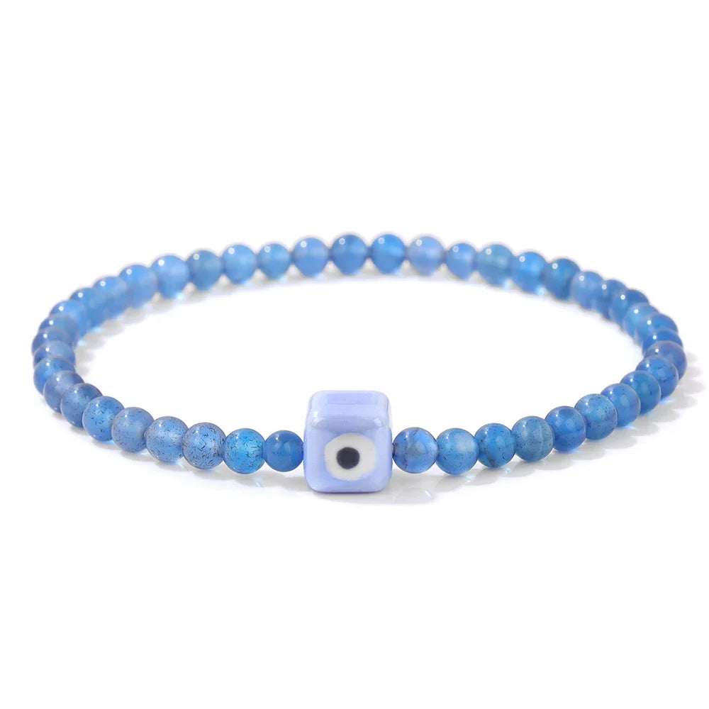 Tejesa Square Eye Bracelet Natural Stone 4mm Beads Elastic Bracelets for Women Men Turkish Evil Eye Lucky Protection Blessing Jewelry