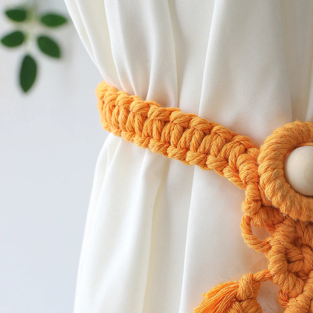 Yellow Hand Woven Macrame Curtain Tiebacks Decorative Curtain with Bead Kawaii Boho Room Decor Home Living Room Decoration Gift