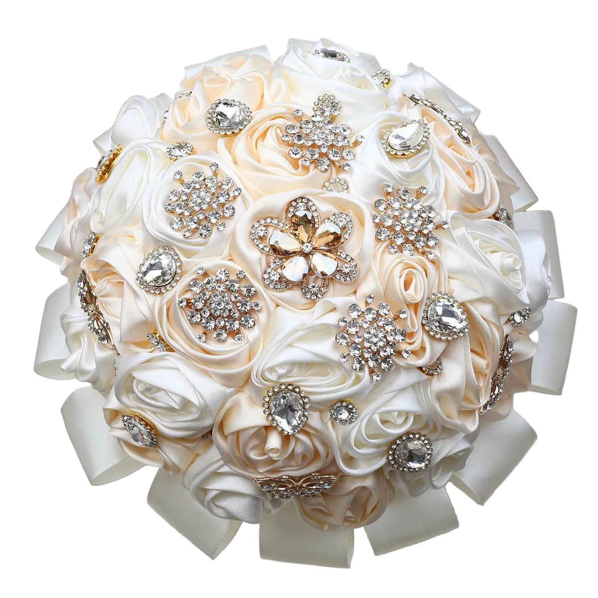 Tejesa Ivory Champagne Bridal Wedding Bouquet with Crystal Artificial Silk Rose Flower Bouquet for Quinceanera Bride Wedding