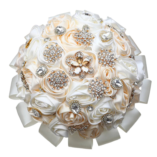 Tejesa Ivory Champagne Bridal Wedding Bouquet with Crystal Artificial Silk Rose Flower Bouquet for Quinceanera Bride Wedding