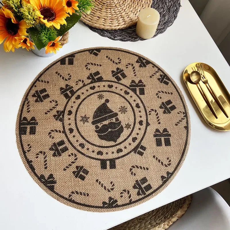 Christmas Retro Jute Placemat Round Printed Woven Dining Table Mat with Wool Ball Heat-Resistant Home Decorative Coffee Cup Mats