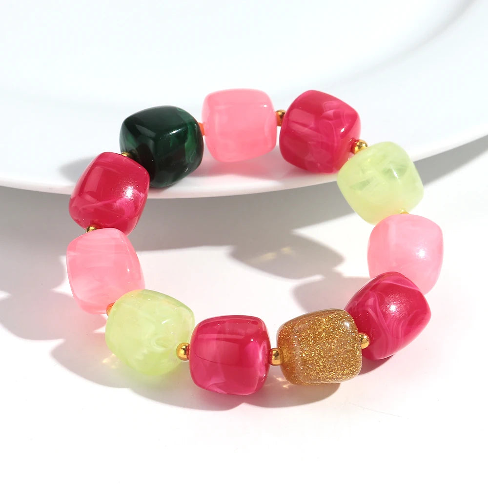 New Multicolor Acrylic Geometric Bead Bracelet for Women Trendy Resin Irregular Square Elastic Bracelets Handmade Jewelry Gift