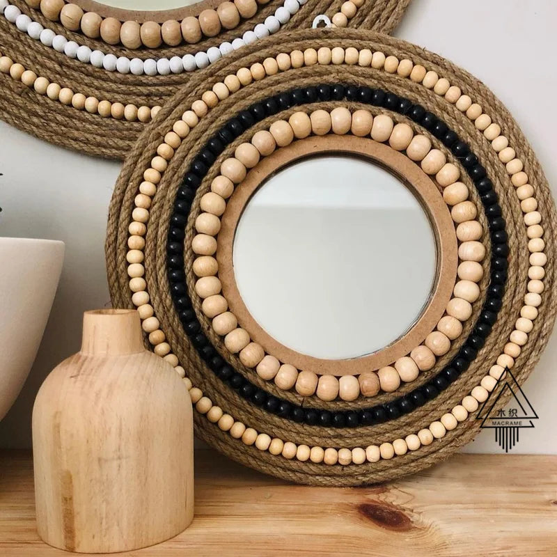 Moroccan Hemp Rope Wooden Bead Mirror Round Raffia Wall Hangings Ins Handmade Straw Decorations